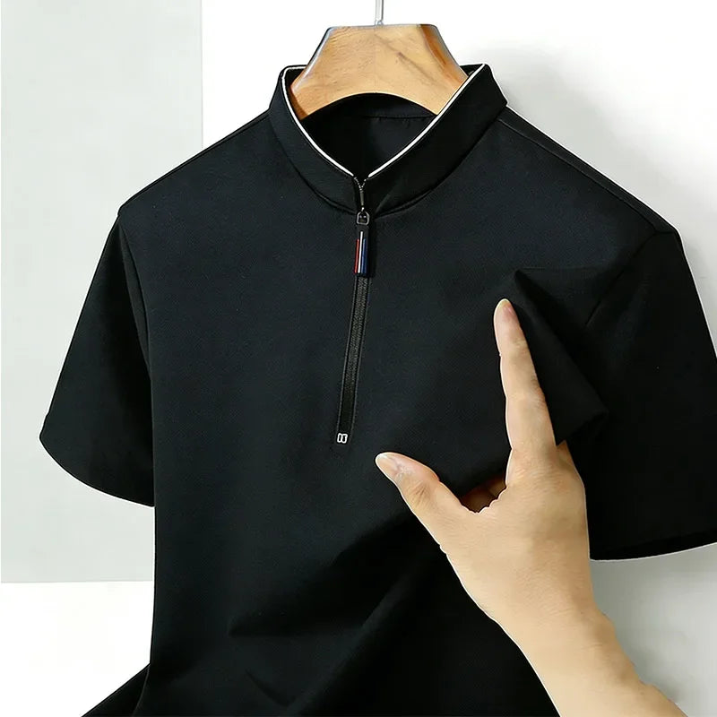 Men's Short Sleeve Stand Collar T-Shirt Summer Casual Business Half-Zip Top Breathable Solid Color Slim Fit Male Daily Wear