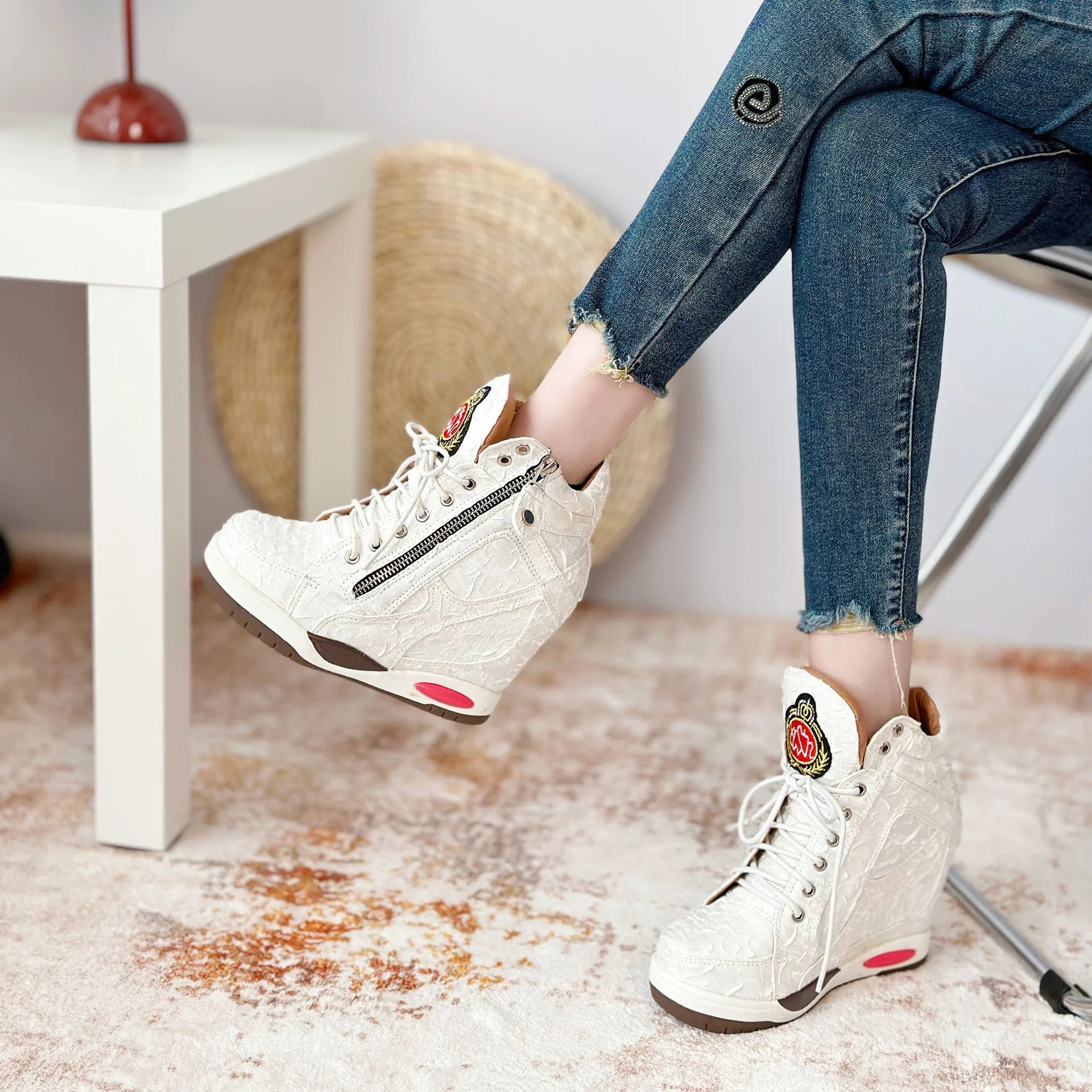 Womens Sneakers Shoes 2025 Fashion Platform Designer Thick Sole Casual Hoof Heels TPR Autumn Round Toe Solid High Increased Inte