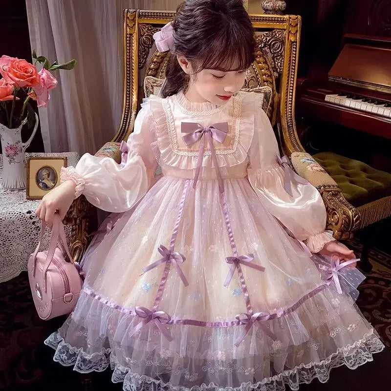 Girls Casual Dresses Princess Dress with Bow Mesh Puffed Sleeve Girls Clothes Wedding Princess Dress for Girls