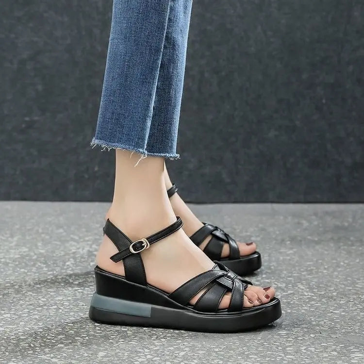2024 Summer NewWomen's Sandals Casual Retro Hollow Button Sandals Women's Open-toe Sandals Fashion Comfortable Slope Heel Sandal