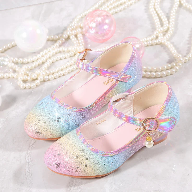 YUNICUS Girls High Heels Princess Shoes Students Children's Single Shoes Little Girl Performance Sequins Glitter Leather Shoes