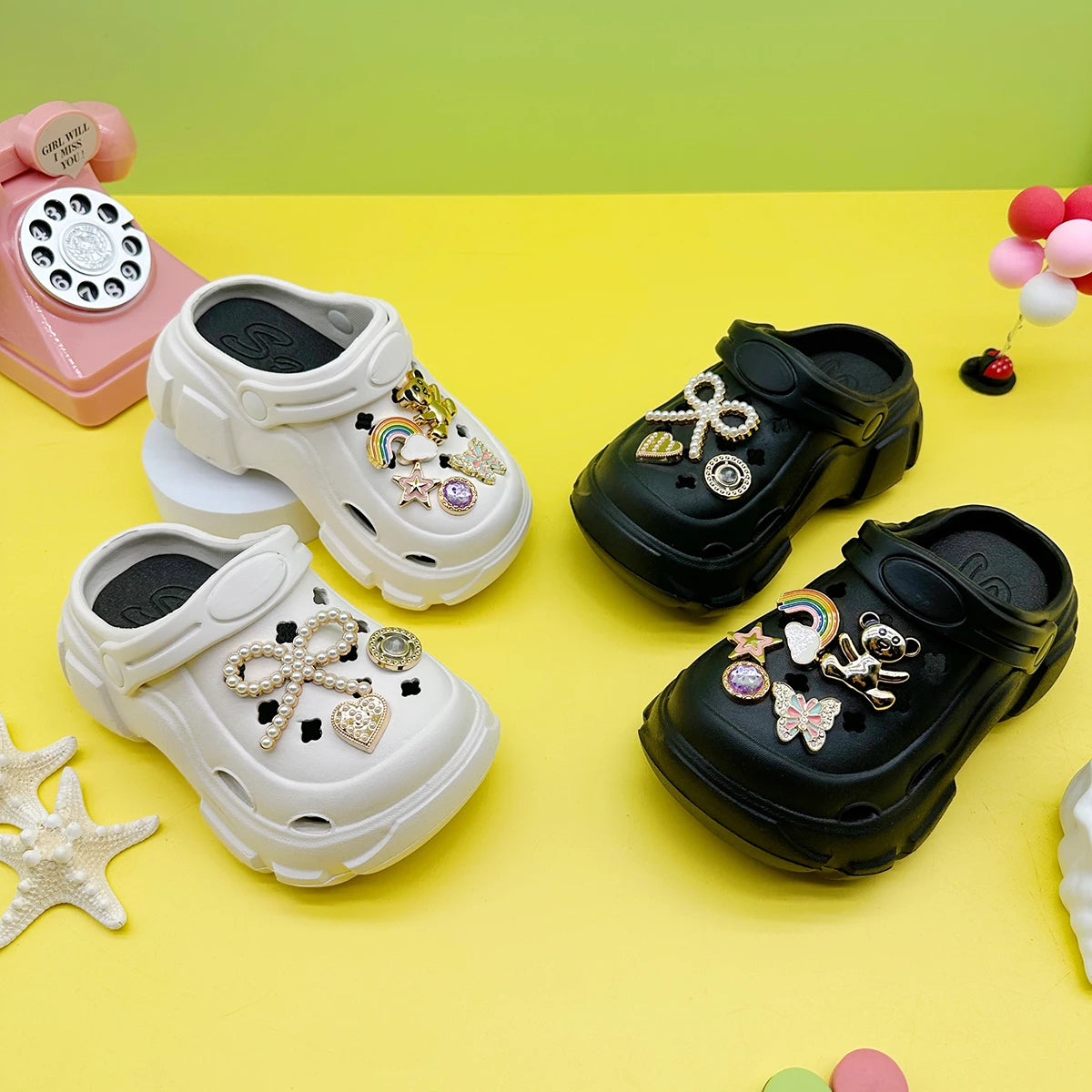 Cute and Versatile Parent-Child Slippers for Boys and Girls, New Cartoon Bow-Knot Rainbow Bear Eva Clogs, Soft-Soled Non-Slip Closed-Toe Sandals 606