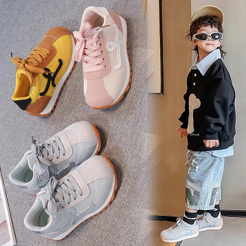 Children's Sneakers 3-18 Years Old Four Seasons Yellow Breathable Boys Girls Casual Shoes Gray Soft Non-slip Kids Running Shoes
