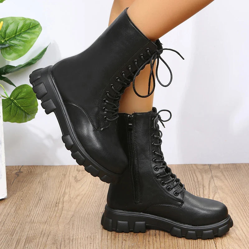 Boots Women 2022 Autumn Winter PU Leather White Ankle Boots Motorcycle Botines Female Chunky Heels Platform Boots Botas Mujer
