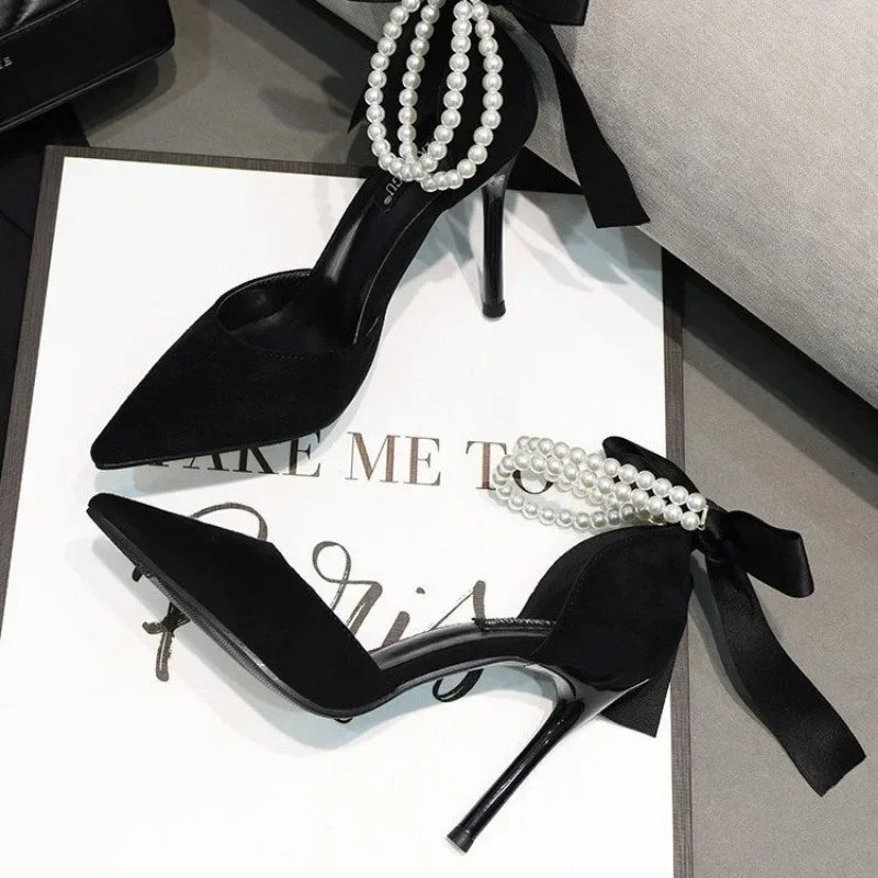 Black Women's Pumps   Summer New Brand Design String Bead Pearls Wedding Bridal High Heels Sexy Pointed Toe Party Dance Shoes