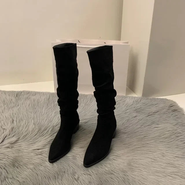 Women's Suede High-heeled Boots for Autumn and Winter 2025, New Plush Pointed Stacking Boots, Fashionable Outdoor Knight Boots