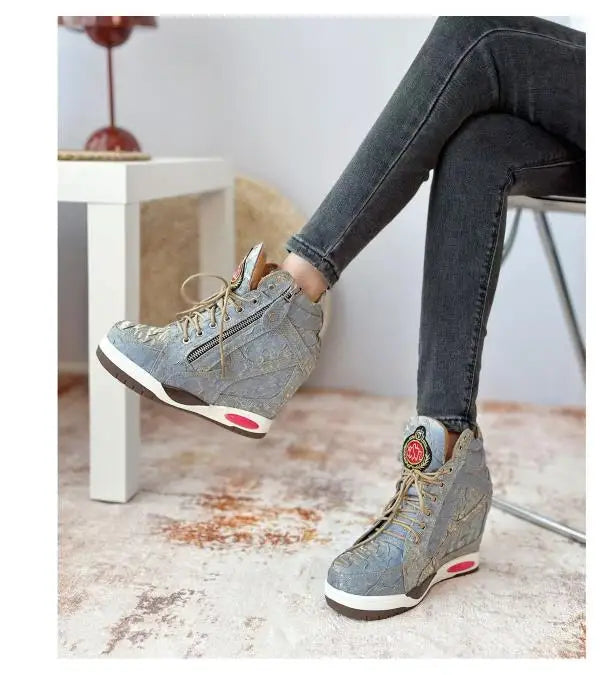 Womens Sneakers Shoes 2025 Fashion Platform Designer Thick Sole Casual Hoof Heels TPR Autumn Round Toe Solid High Increased Inte