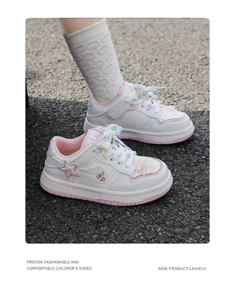 Girls' white sneakers 2025 autumn New leather breathable casual shoes, girls' soft-soled sports shoes and running shoes