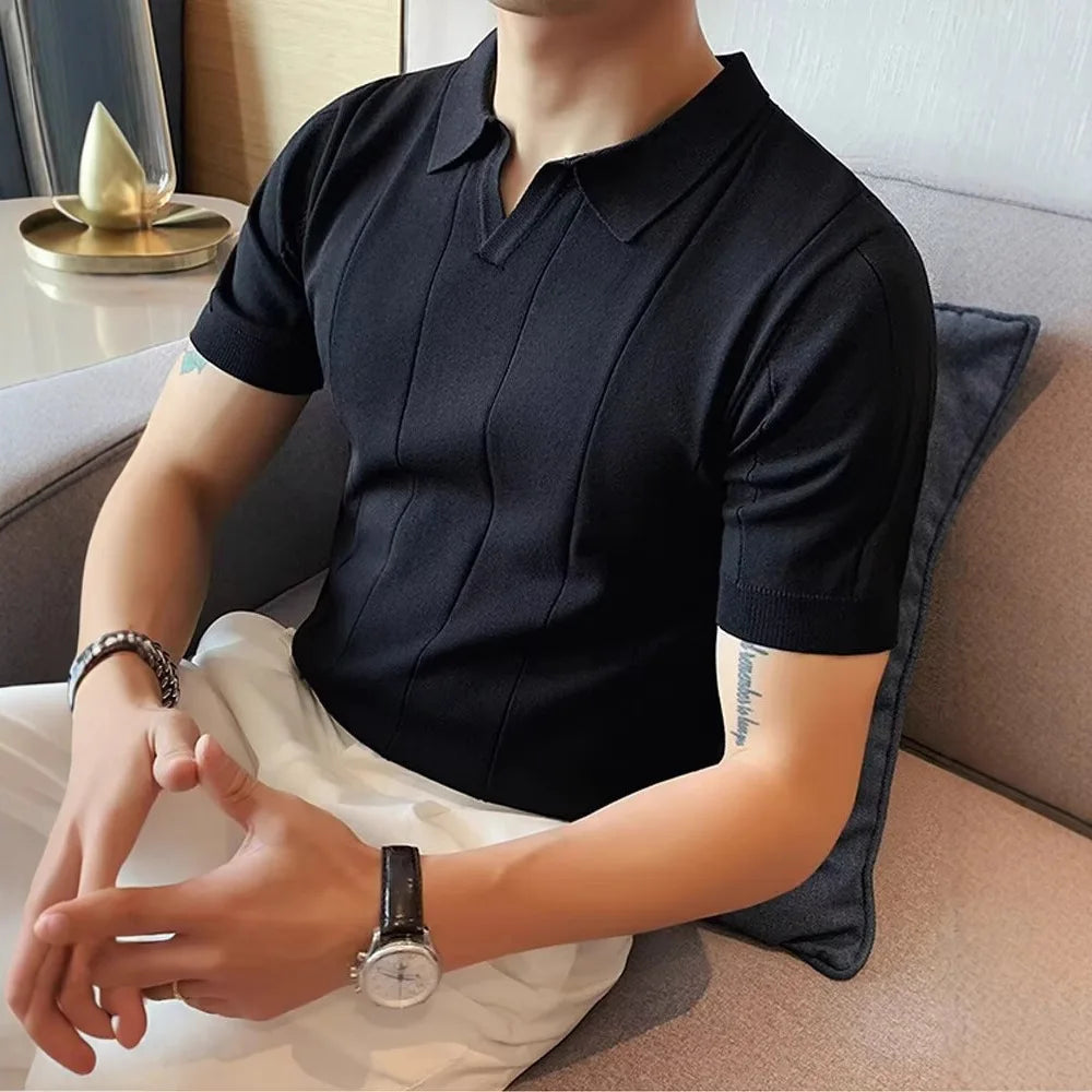 Summer New Short-sleeved Knitted T-shirt for Men, Stylish and Versatile High-end V-neck POLO Shirt