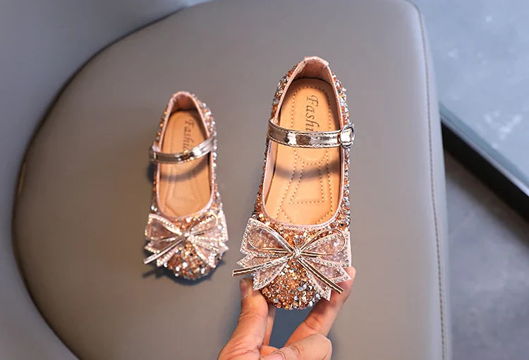 Girl's Princess Shoes Crystal Sequins Bowtie Party Glitter Children Mary Janes Three Colors Wedding Shallow Chic Kids Shoe 26-36