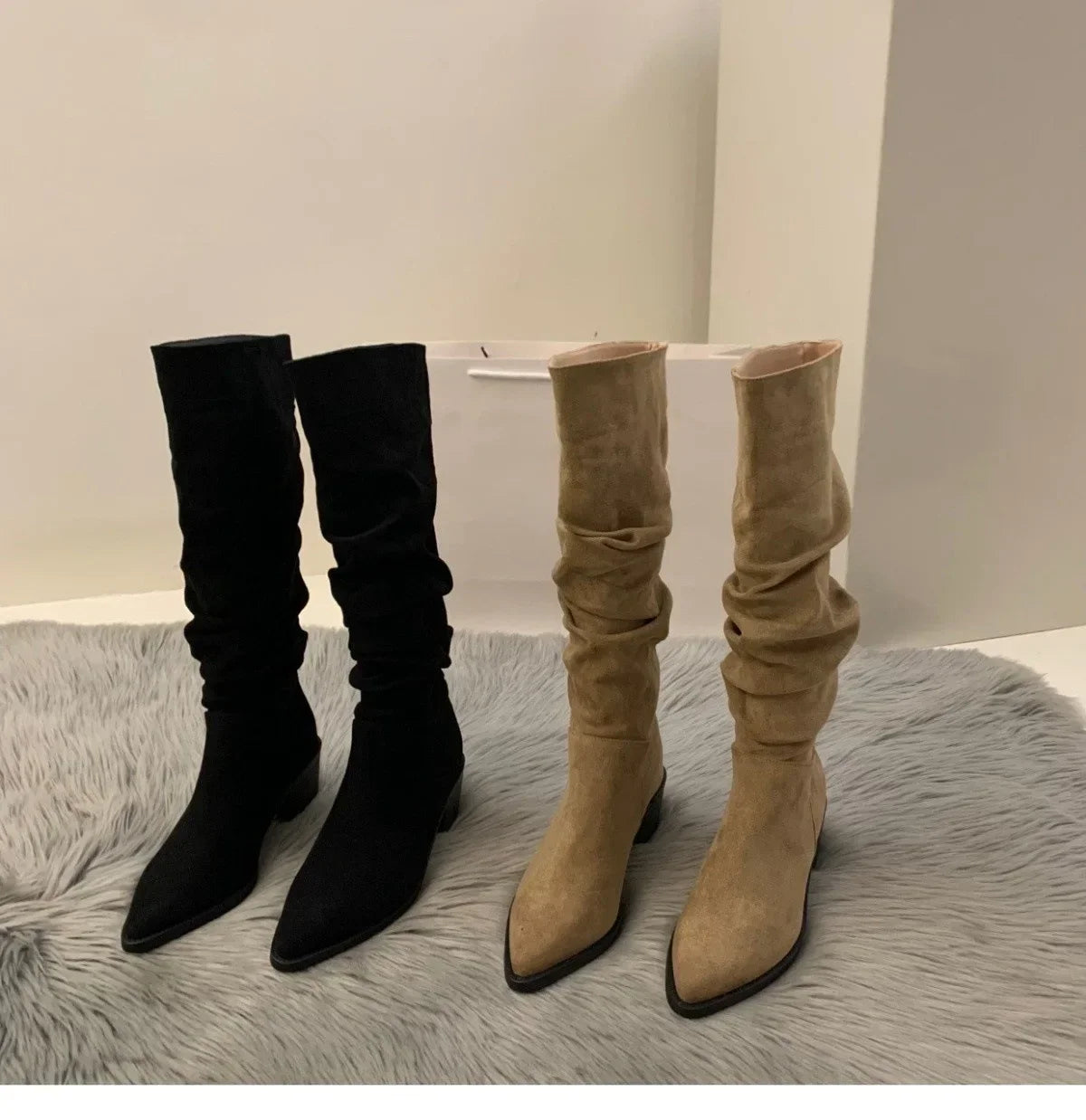 Women's Suede High-heeled Boots for Autumn and Winter 2025, New Plush Pointed Stacking Boots, Fashionable Outdoor Knight Boots