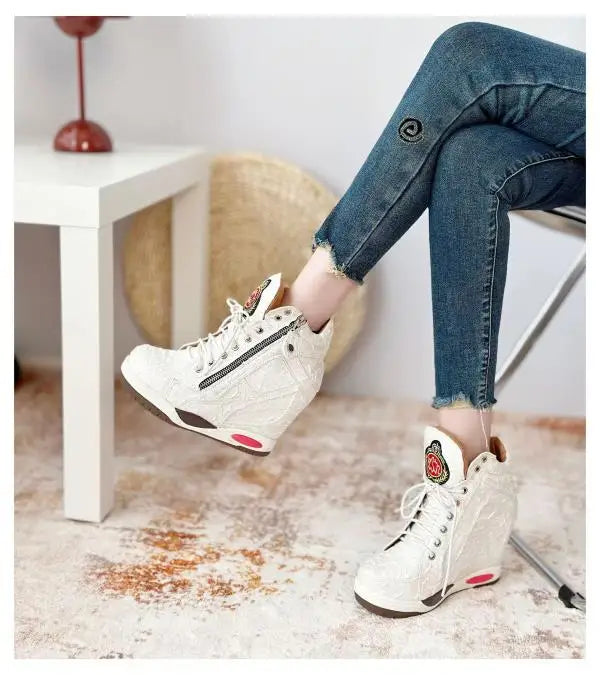Womens Sneakers Shoes 2025 Fashion Platform Designer Thick Sole Casual Hoof Heels TPR Autumn Round Toe Solid High Increased Inte