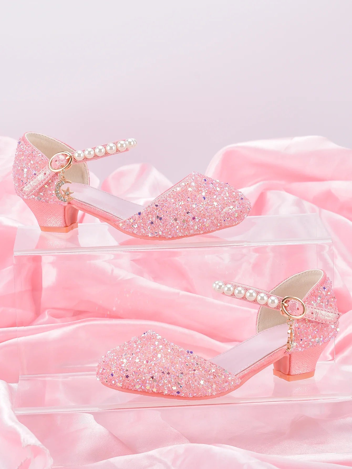Girls' Princess Style High Heel Shoes With Shiny Star Pendant Decoration, Suitable For Dress And Birthday Party