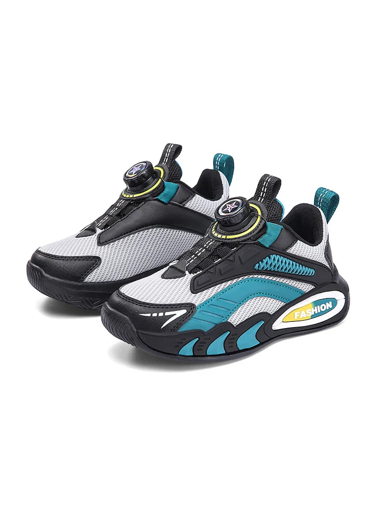 Boys' New Trendy Color-Blocked Mesh Sneakers with Knob Buckle, Dad Shoe Style Breathable Children's Shoes, Spring and Autumn Campus Outdoor Non-Slip Running Shoes, Casual Sports Trendy Shoes