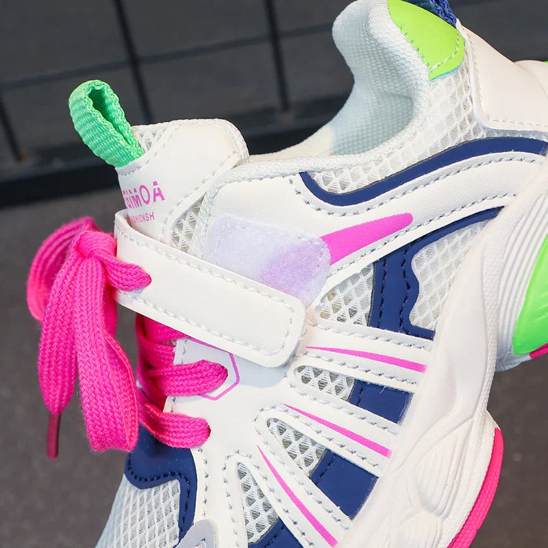 Girl's Color Block Mesh Breathable Chunky Shoes Comfy Non Slip Lace Up Durable Sneakers For Kid's Outdoor Activities