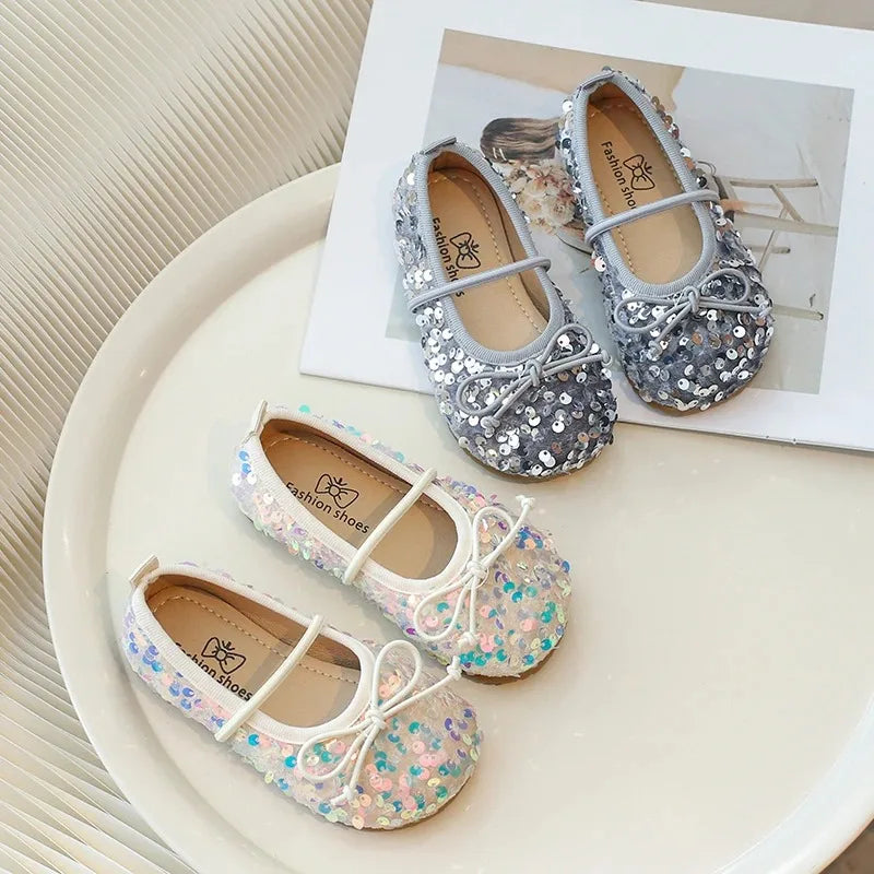 Girls' Shoes 2025 Spring New Fashion Little Girl Sequin Princess Shoes Soft Sole Girls' Shallow Mouth Single Shoes Breathable