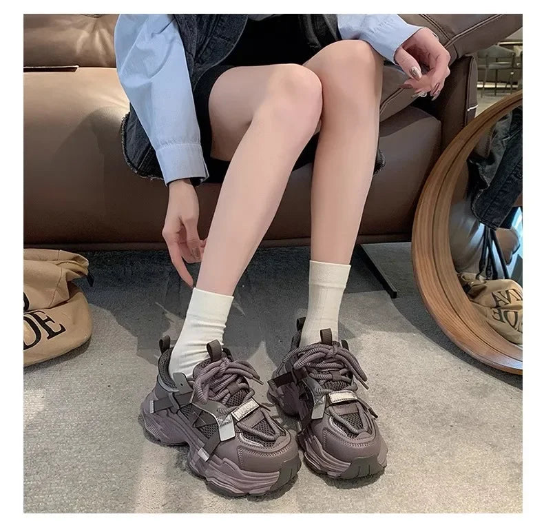 Women's Chunky Sneakers  Breathable Mesh Platform Sports Shoes Woman Fashion Lace Up Thick Sole Casual Shoes Mujer 2024