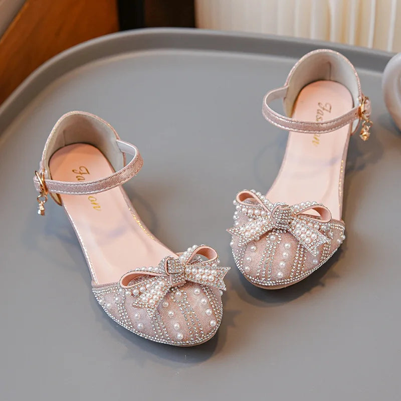 Girls' Bow Sandals Fashion Princess Shoes for Party Wedding 2025 Summer New Kids Rhinestone High Heels Children's Leather Shoes