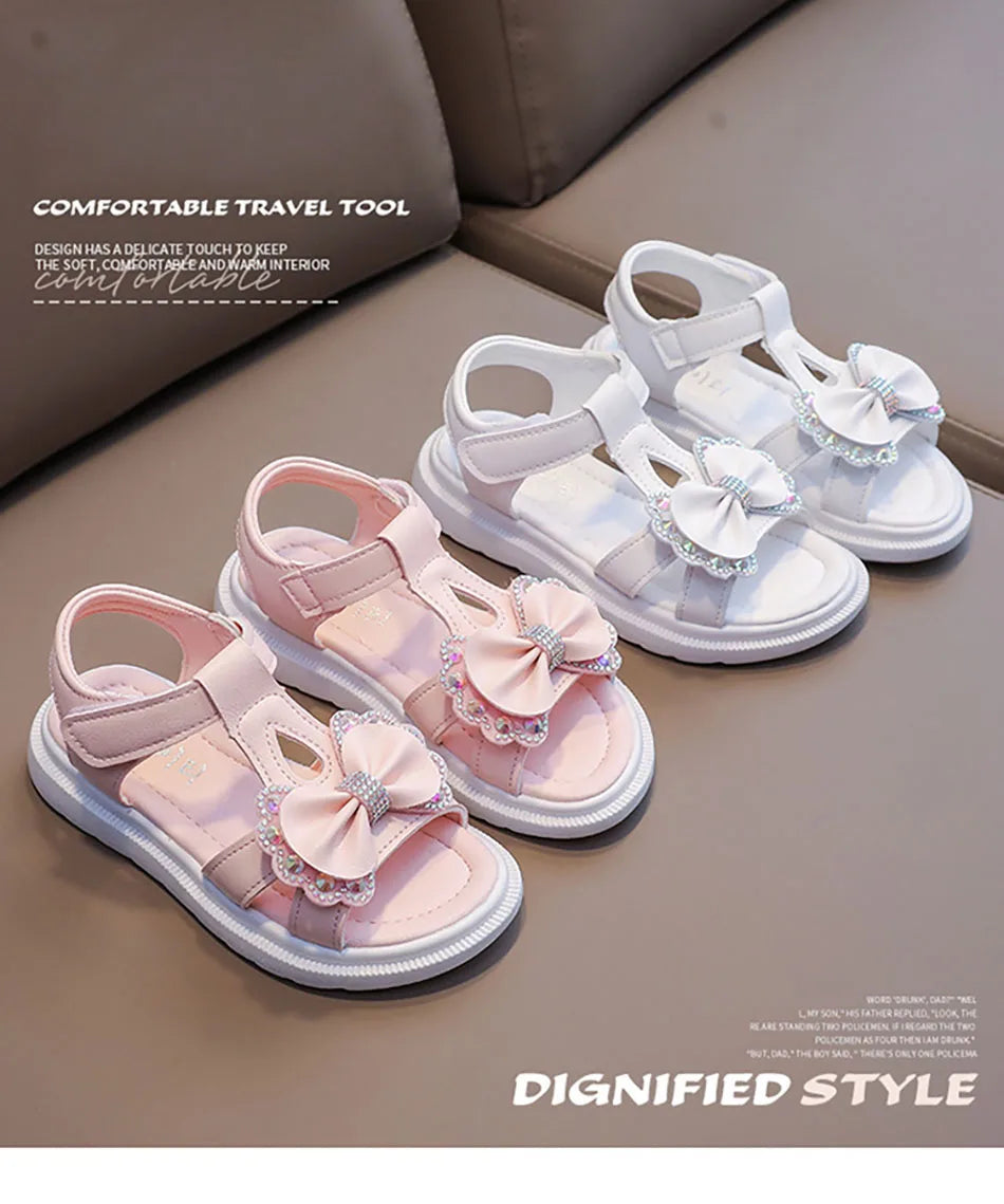 Adorable Elegant Girls Summer Casual Sandals Soft Soled Princess Style Kids Shoes Comfort Breath Anti Slip Magic Strap Closure