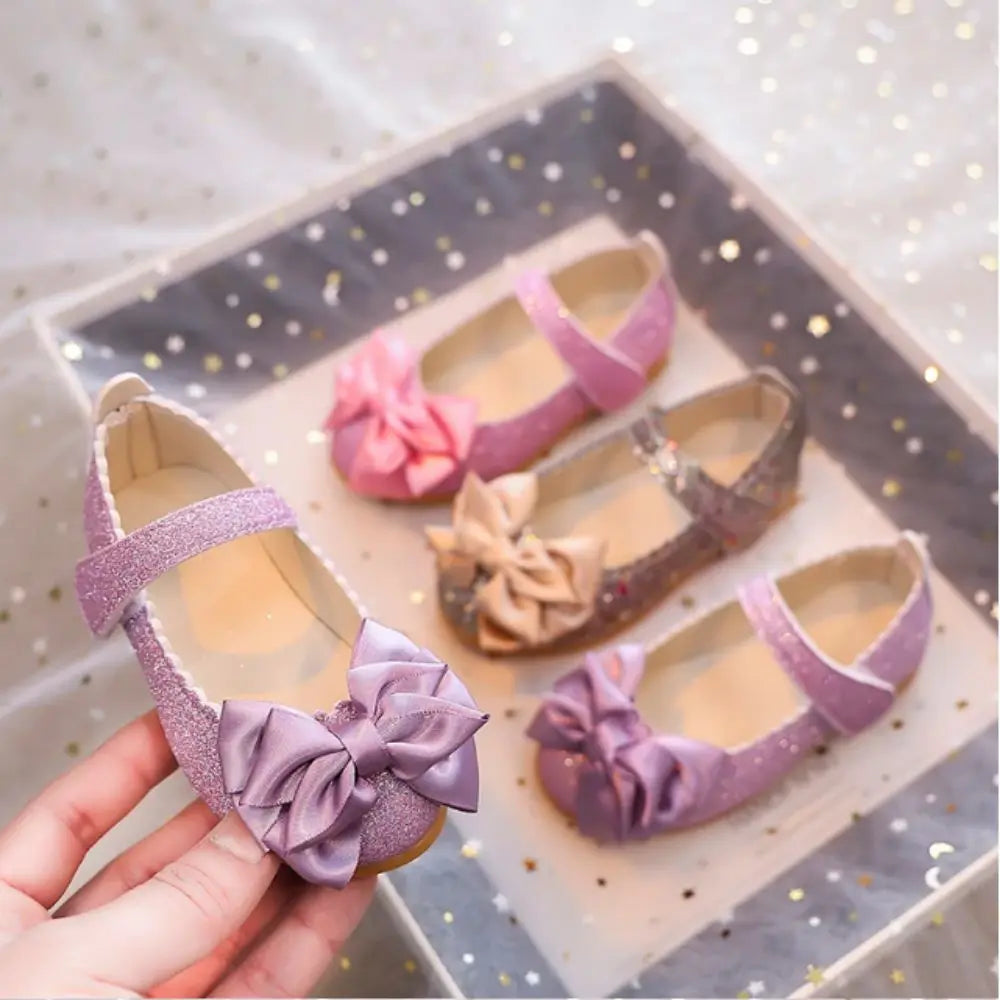 Female Glitter Princess Dress Shoes Soft Bottom Bow-knot Dance Party Shoes Bright Non-slip Leather Shoes Girls