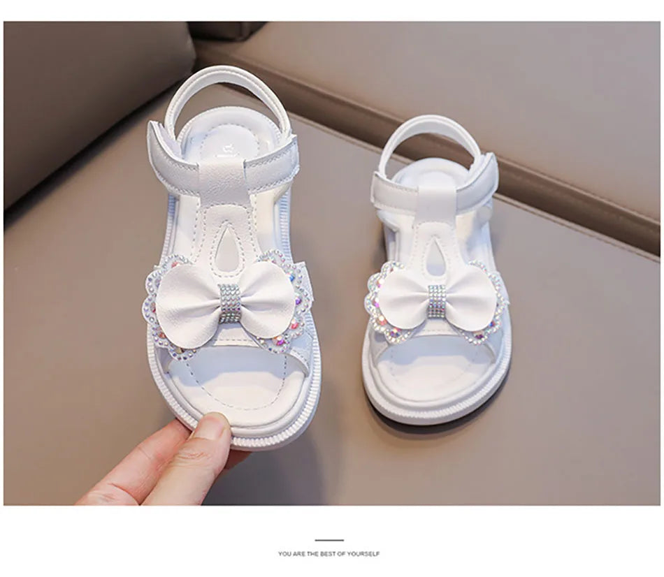 Adorable Elegant Girls Summer Casual Sandals Soft Soled Princess Style Kids Shoes Comfort Breath Anti Slip Magic Strap Closure
