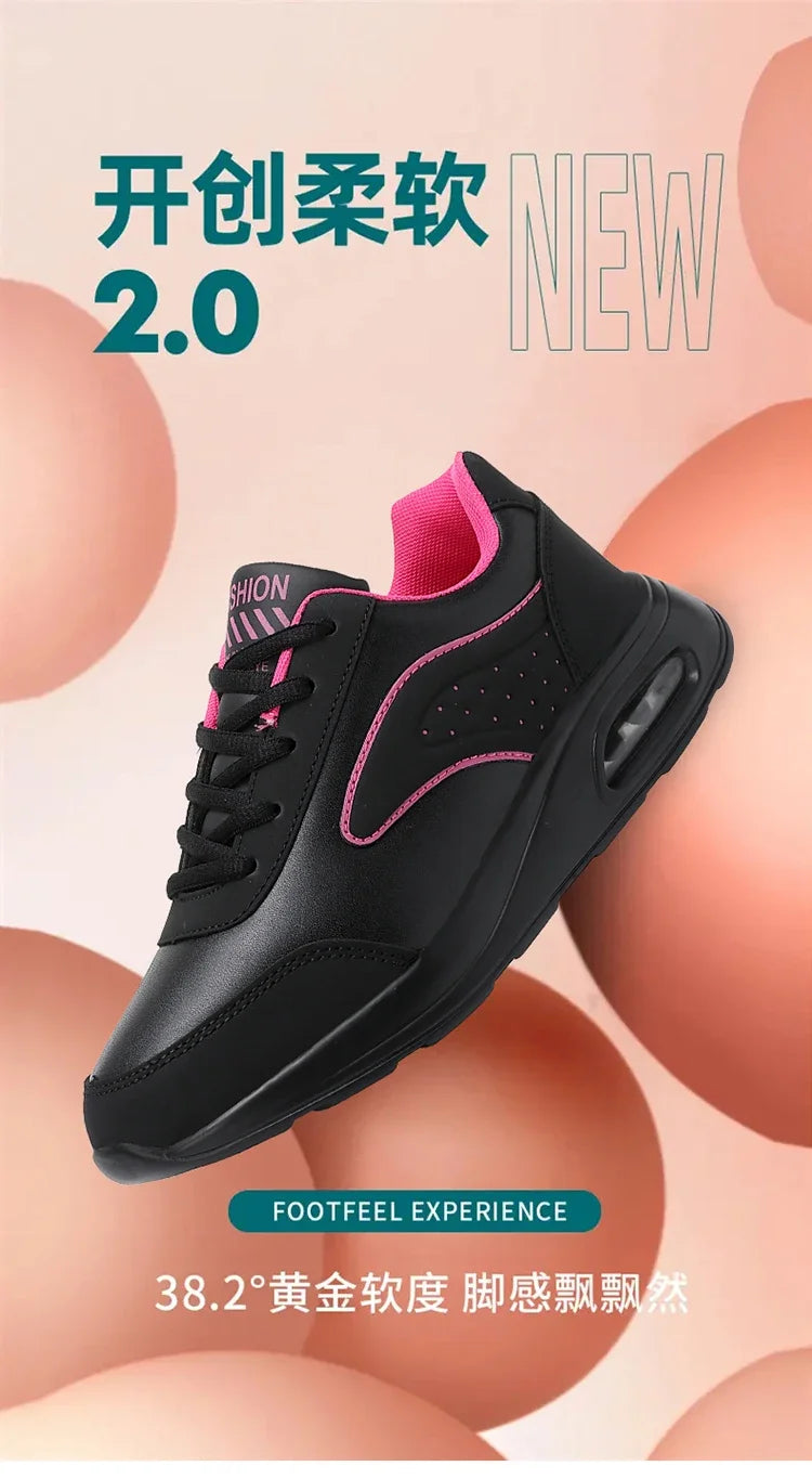 2025 New Women's Fashionable Sneakers Leather Women's Casual Shoes Lace Up Flat Shoes Ladies Lightweight Fitness Walking Shoes