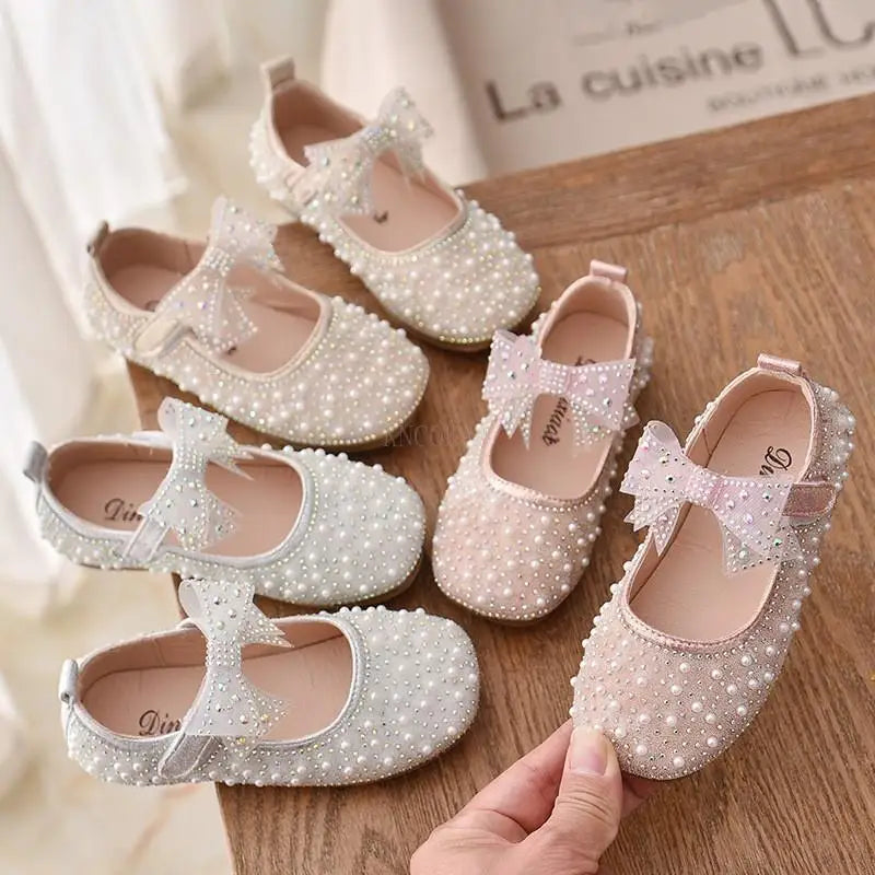 Girl's Princess Shoes Children's Fashion Bow Rhinestone Leather Kids Shoe 2025 New Baby Girls Party Student Flat Shoes