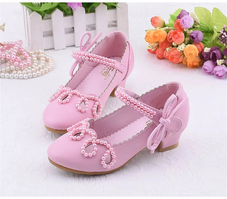 New Princess Kids High Heels Shoes Girls Wedding Dress Party Leather Shoes Children's White Shoes Performance Shoes for Students