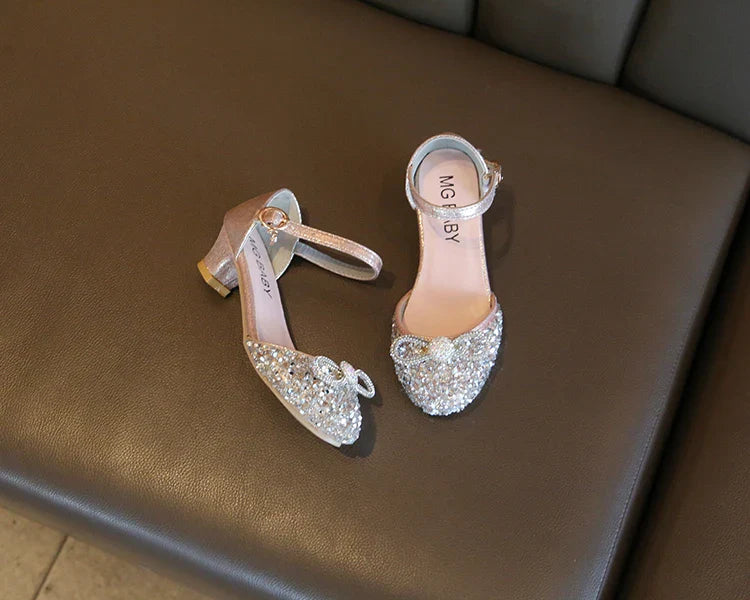 Girls High Heels for Kids Party Wedding Evening Dress Shoes Fashion Bow Diamond Crystal Shoes Princess Stockings Girl Sandals