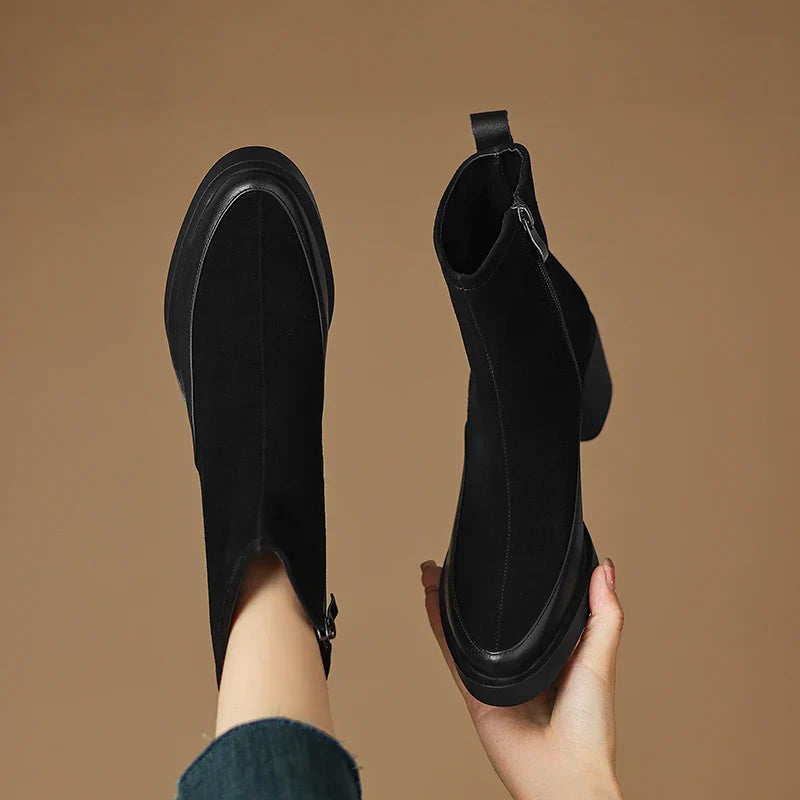 2025 New Women's Short Boots Genuine Leather Retro Chunky Heel High Heel Boots Female Large Size Pointed Toe Women Ankle Boots