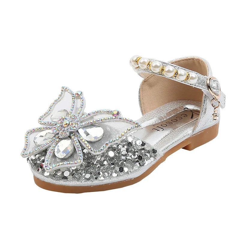 2024 New Children's Party Wedding Children Shoes Sequin Lace Bow Kids Shoes Cute Pearl Princess Dance Single Casual Girls Shoe