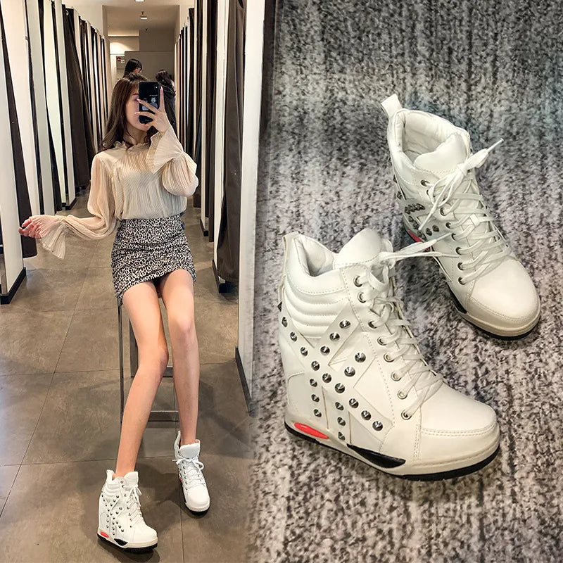 Womens Sneakers Shoes 2025 Fashion Platform Designer Thick Sole Casual Hoof Heels TPR Autumn Round Toe Solid High Increased Inte