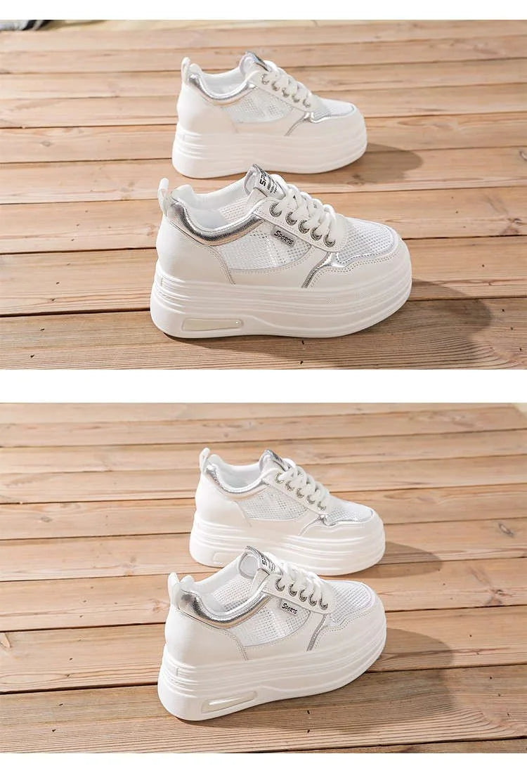 Women's White Chunky Sole Sneakers – Breathable Mesh Shoes with Thick Platform and Air Cushion for Casual Wear