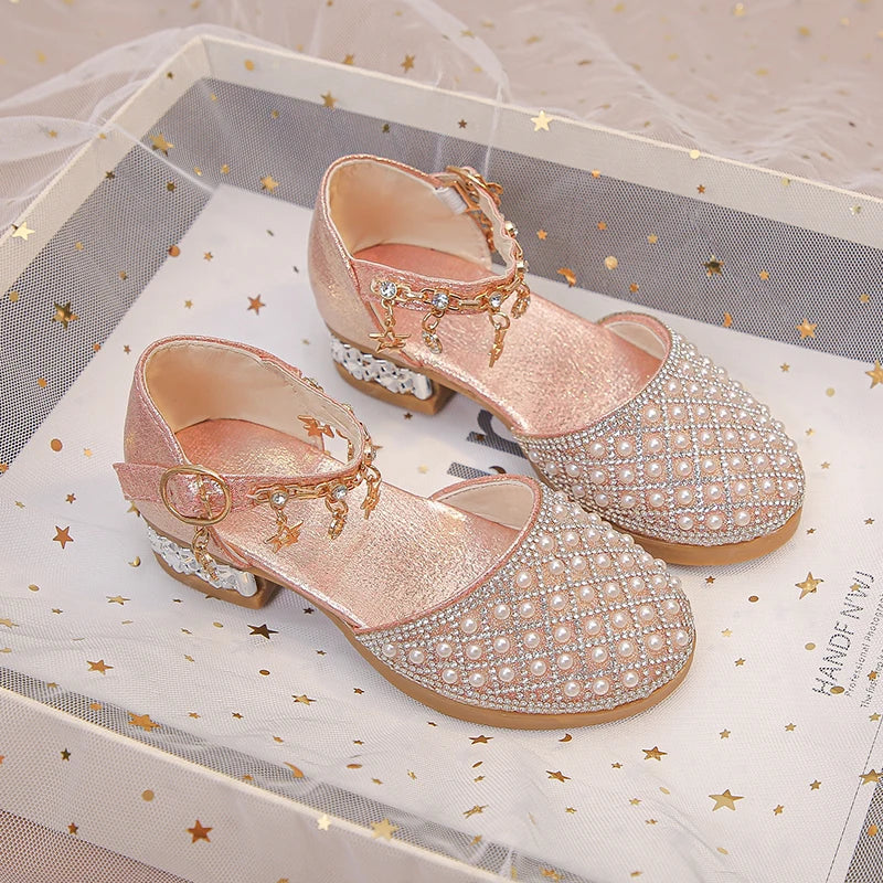Girls High Heeled Shoes for Wedding Party Glitter Rhinestone Pendants Shiny Glitter Fashion Princess Kids Leather Dress Shoes