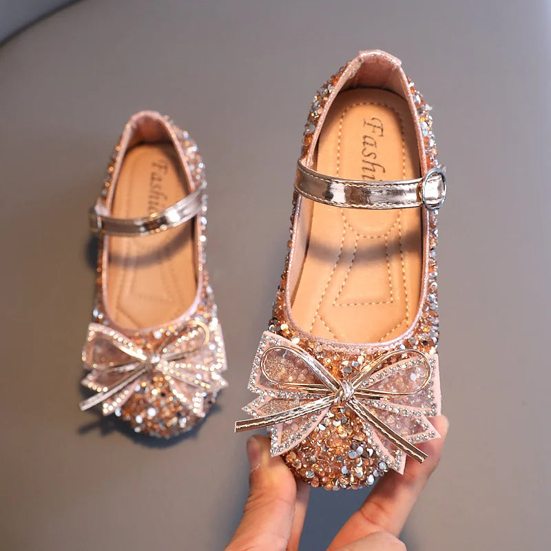 Girl's Princess Shoes Crystal Sequins Bowtie Party Glitter Children Mary Janes Three Colors Wedding Shallow Chic Kids Shoe 26-36