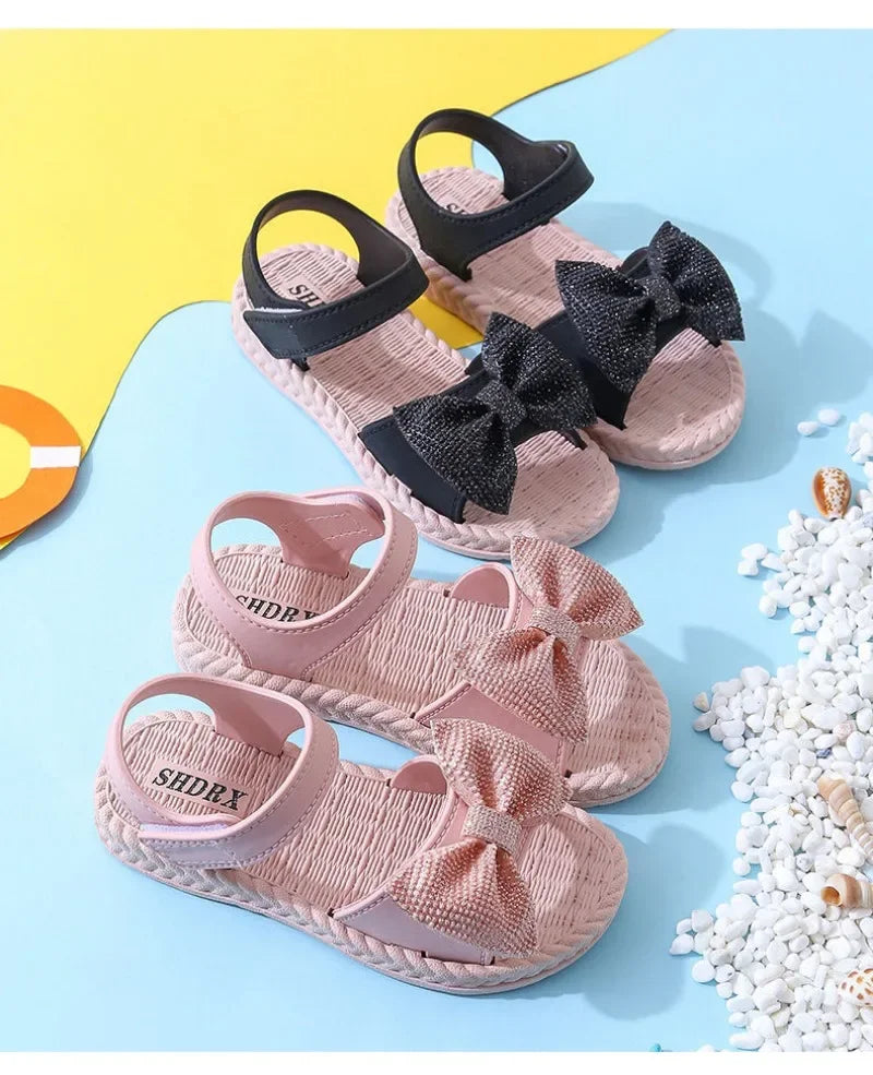 Kids Shoes Summer Girls Sandals Bow Non-slip Soft Soled Versatile Solid Korean Children Sweet Princess Shoes Beach Sandals
