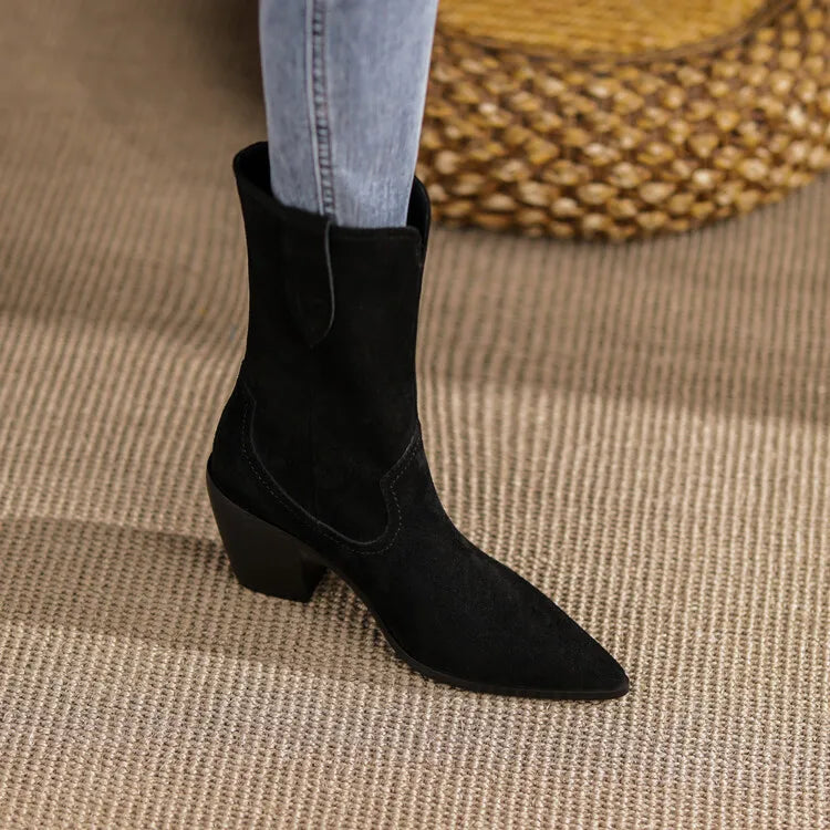 2022 New Autumn/winter Women's Boots Pointed Toe Chunky Heel Short Boots Cow Suede Western Boots Shoes for Women High Heels