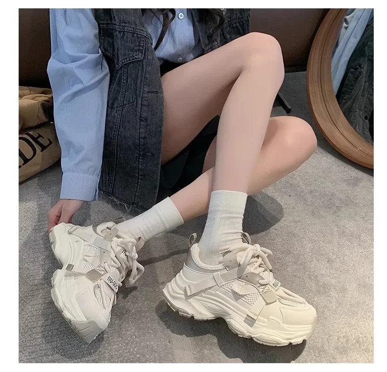 Women's Chunky Sneakers  Breathable Mesh Platform Sports Shoes Woman Fashion Lace Up Thick Sole Casual Shoes Mujer 2024