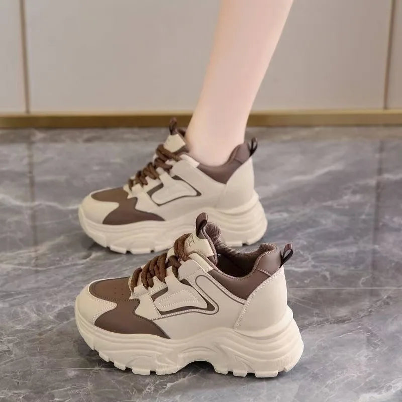 Women's 2026 Spring Sneakers with Thick Bottom and Leather Face High Inner Heel Shoes Comfortable for Sports and Casual Wear
