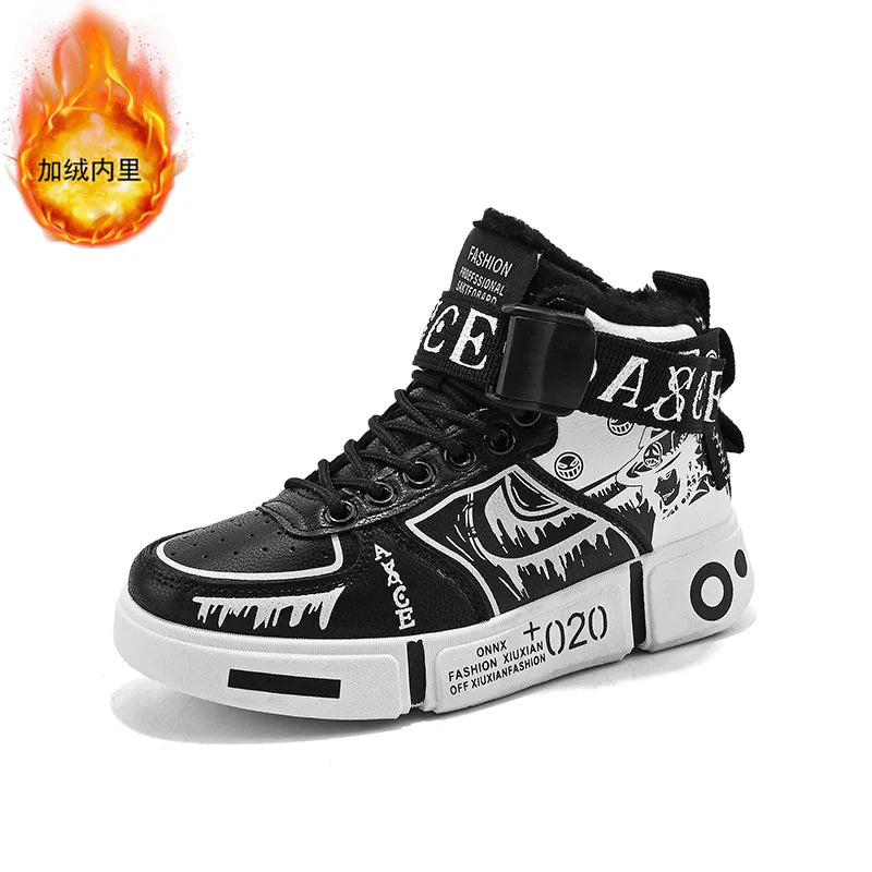 Boys' high-top sneakers Autumn/Winter new style children's sports shoes Buckle student soft-soled fleece casual shoes