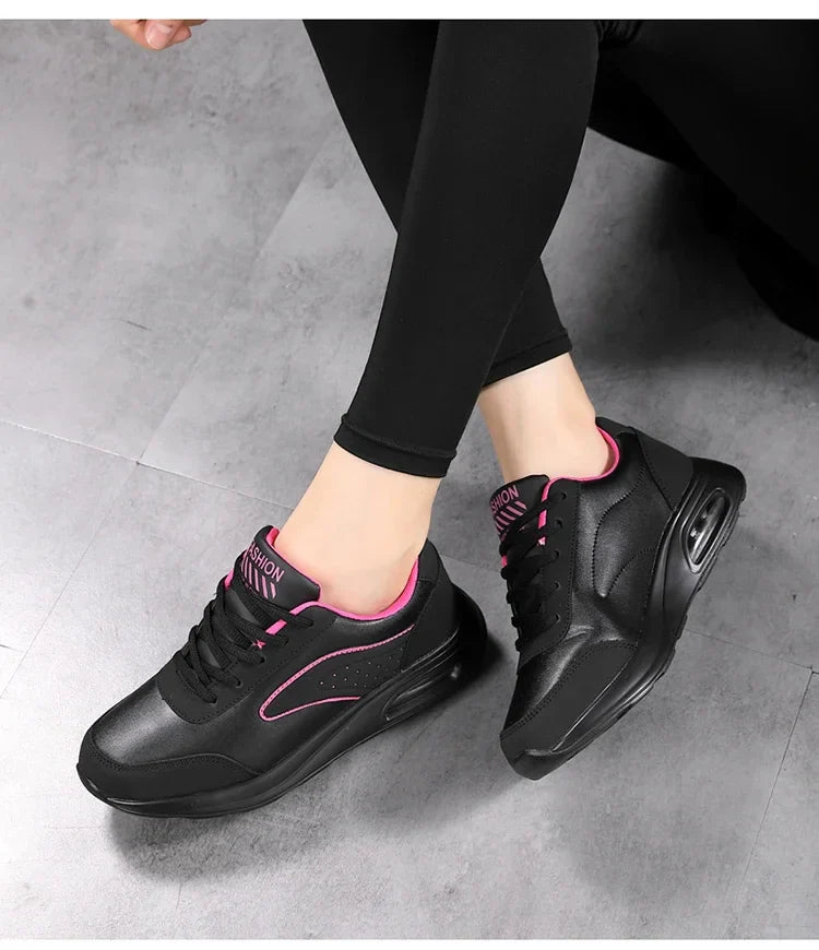 2025 New Women's Fashionable Sneakers Leather Women's Casual Shoes Lace Up Flat Shoes Ladies Lightweight Fitness Walking Shoes