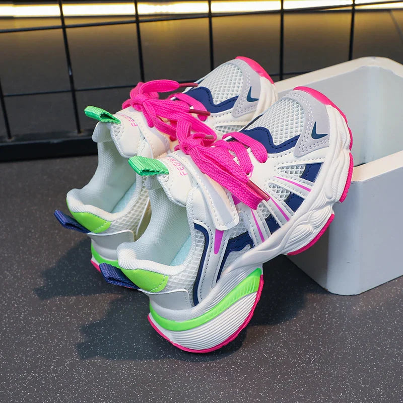 Girl's Color Block Mesh Breathable Chunky Shoes Comfy Non Slip Lace Up Durable Sneakers For Kid's Outdoor Activities