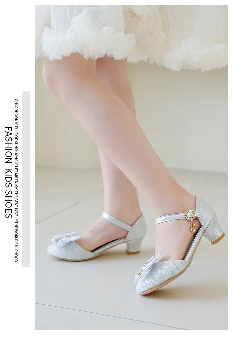 Girls Princess Shoes High Heels for Wedding Party Kids Dance Shoes Sweet Bows 2025 Summer New Children Half Sandals Shiny Sequin