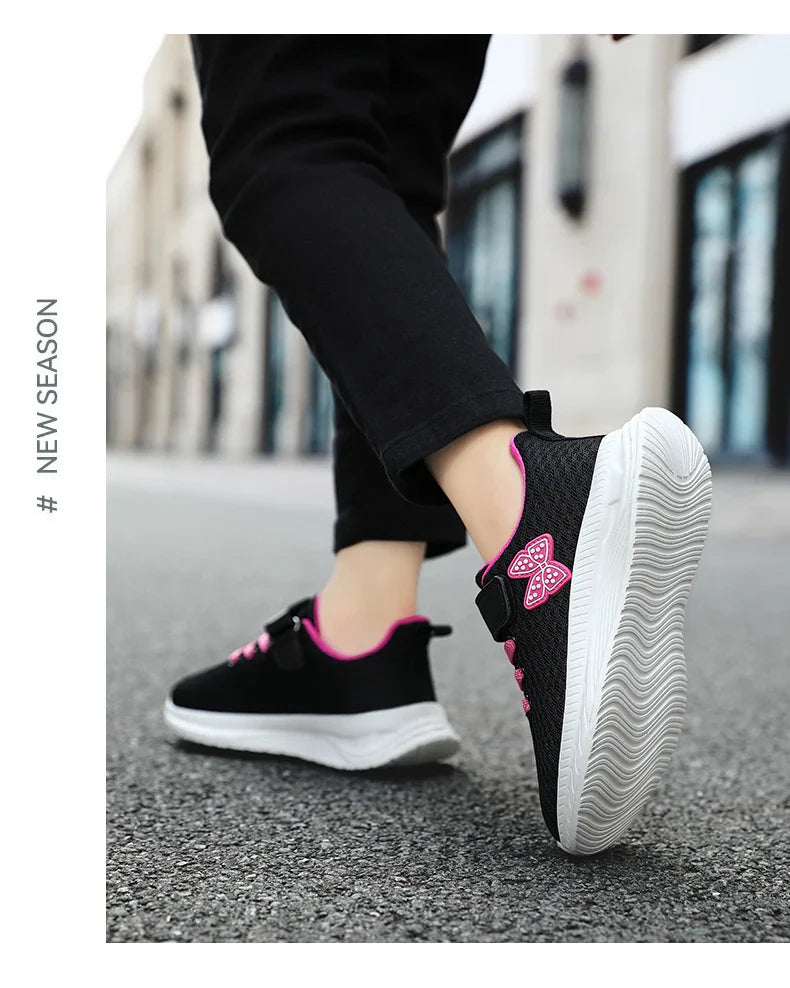 Girls Sports Running Shoes with Velcro Breathable Mesh Casual Sneakers Toddler Girl Lightweight Walking Shoes Non-Slip Sole