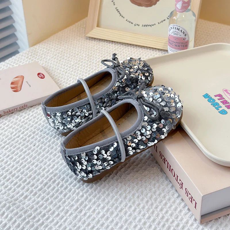 Girls Shoes Kids Glitter Leather Shoes for Wedding Stage Party Sequins Bling Shiny with Bow-knot Princess Soft Children's Flats