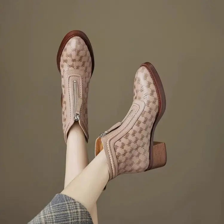 Women's Short Boots 2025 New Autumn Winter Zipper Vintage Chunky Heel Middle Heel Shoes Comfortable Warm Non Slip Fashion Boots