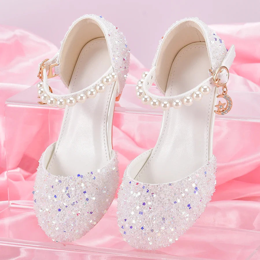 Girls' Princess Style High Heel Shoes With Shiny Star Pendant Decoration, Suitable For Dress And Birthday Party