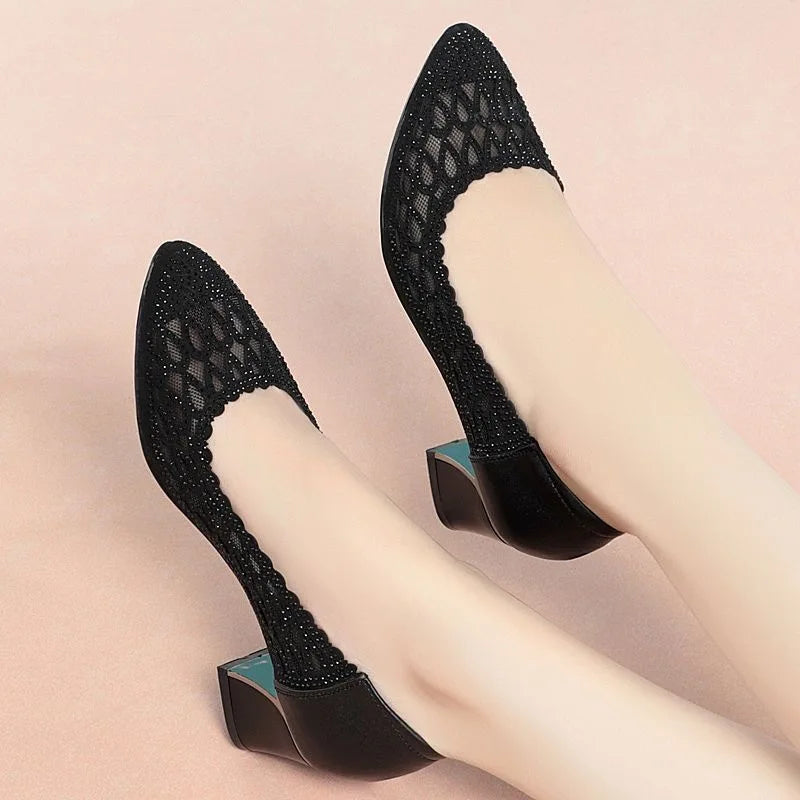 Women's Shoes 2024 Summer New Fashion Mid-heel Hollow Mesh Pumps for Women Black Elegant Party High Heels Shoes Female fashion