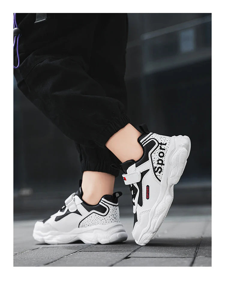 Boys Shoes Sneakers Leather Children Comfortable Flat Shoes Black White Shoes for Kids Girls School Walking Footwear Non Slip