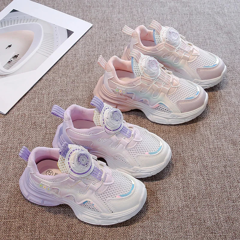 Girls Sneakers with Sweet Flowers Children Running Shoes Rotating Button 2025 New Kids Sports Shoes Princess Style Comfortable